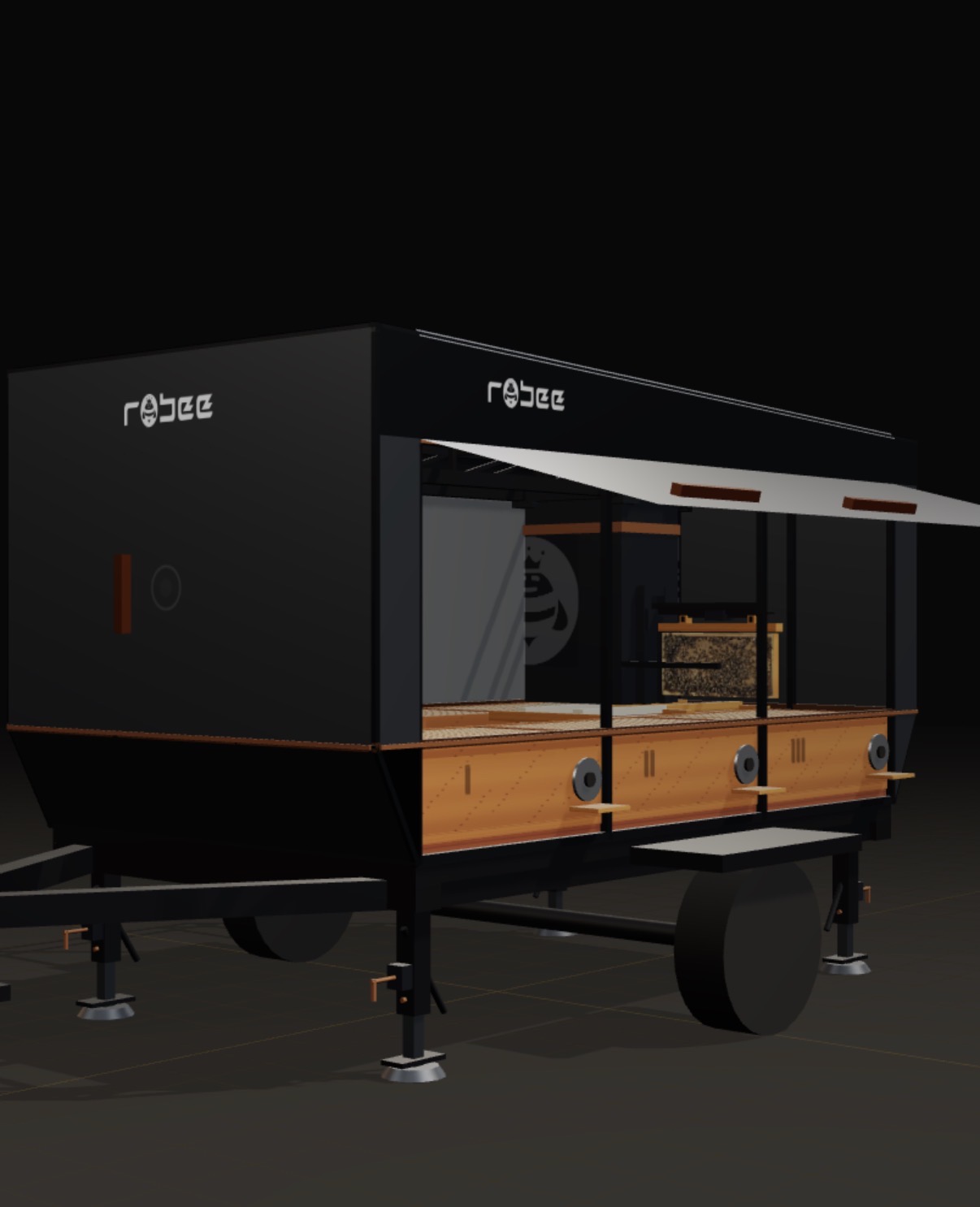 RoBee model with the side access panels open and the frame-handling robot visible inside